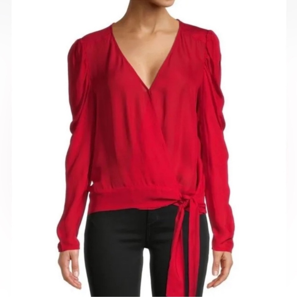 BNWT Parker Arya Puff Sleeve Wrap silk long sleep top ruby red XS